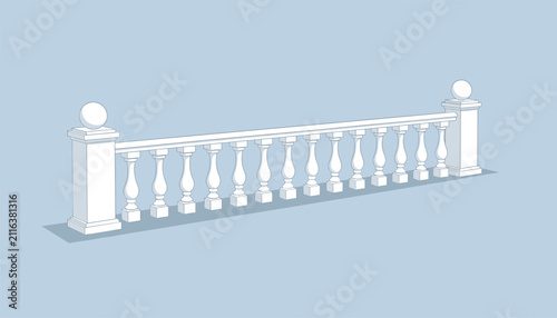 Elegant classical white stone balustrade with ornate balusters and rounded end posts in a clean 3D architectural wireframe render.
