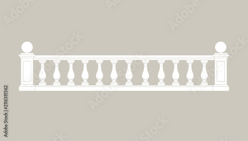 Minimalist architectural balustrade illustration featuring decorative white balusters and pillar posts with spherical tops on a gray background.