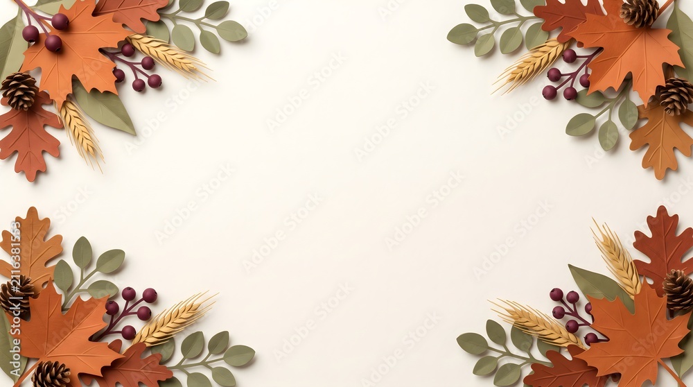 Fototapeta premium Autumn leaf border frame with pinecones and berries on creamy white background pinecones seasonal background