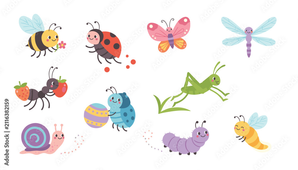 Obraz premium Large set of cute cartoon insects includes a bee and butterfly along with many other friendly bugs on a plain background.