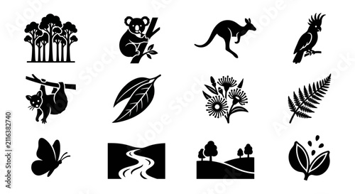 Canvas Print Australia Icons: Koala, Kangaroo, Cockatoo, Eucalyptus, Forest, River, Nature Sy