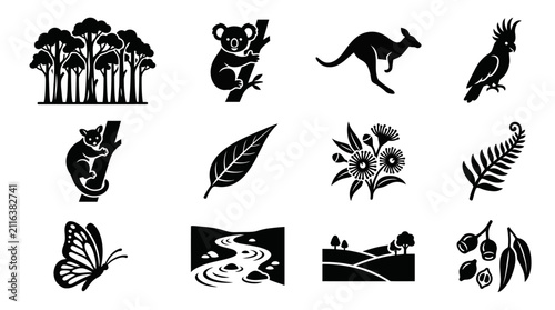 Photography Australian Wildlife and Flora Icons Silhouette Set: Kangaroo, Koala, Cockatoo, E