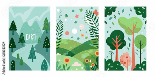 Fotografía Floral ornament with trees and hills vector illustration