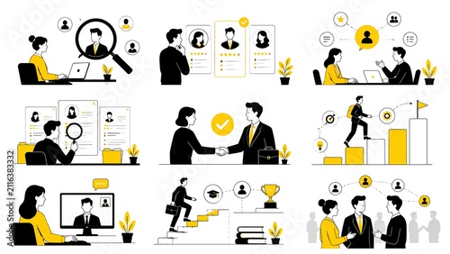 A grid of minimalist black-and-yellow illustrations focusing on job recruitment, hiring processes, career development, resume reviews, and corporate networking.