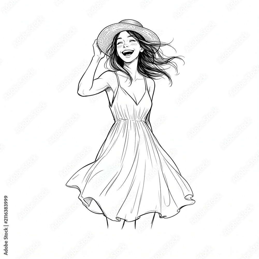 Fototapeta premium Joyful woman smiling in summer dress and straw hat line art sketch illustration
