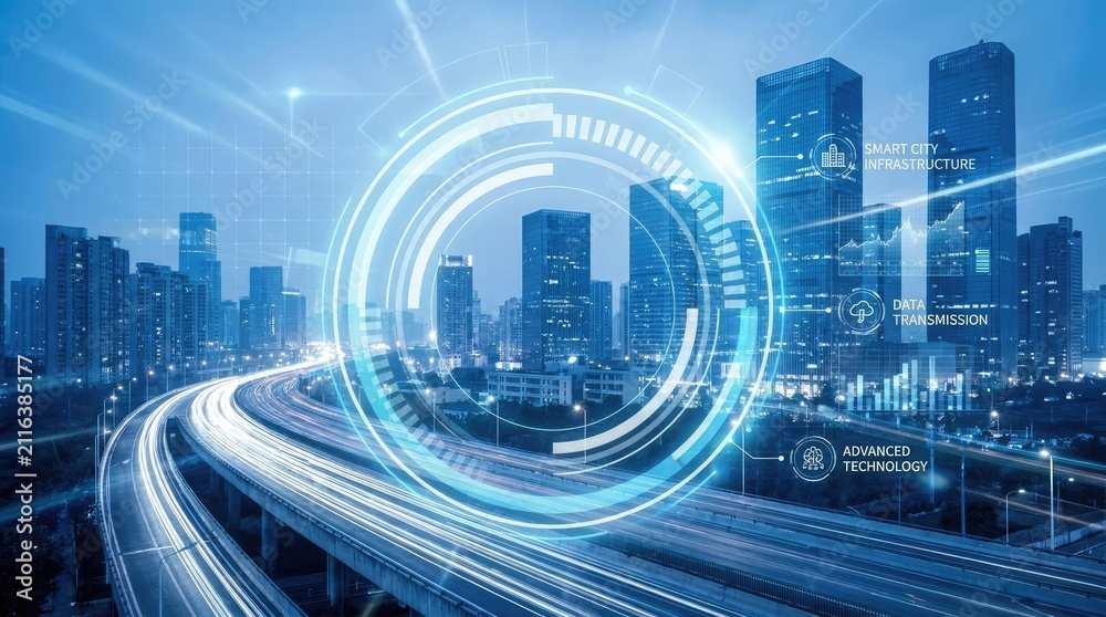 Fototapeta premium Smart city skyline featuring digital highway traffic trails.