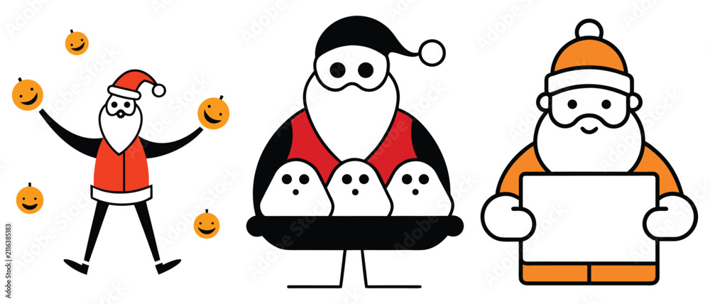 Fototapeta premium Funny santa claus collection set isolated on white background depicting whimsical seasonal characters with holiday theme graphic design elements.