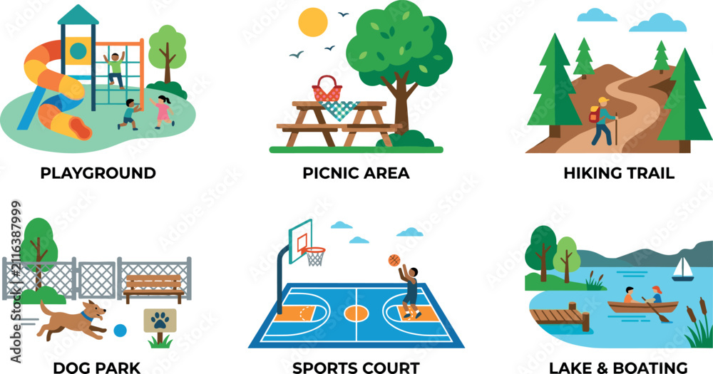 Fototapeta premium Public Park Outdoor Activities Icon Set with Playground Picnic Area Hiking Trail Dog Park Sports Court and Lake Boating Vector Illustrations