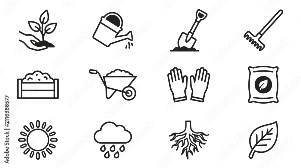Obraz premium Gardening Icons Set: Plant, Watering Can, Tools, Soil, Sun, Rain, Roots, Leaf