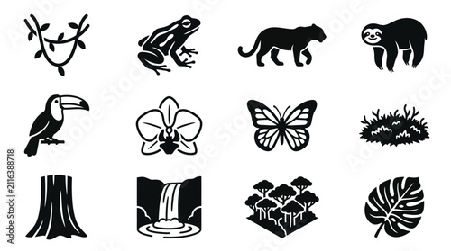 Foto Jungle Icons Set: Toucan, Frog, Panther, Sloth, Waterfall, Orchid, Butterfly, Tr