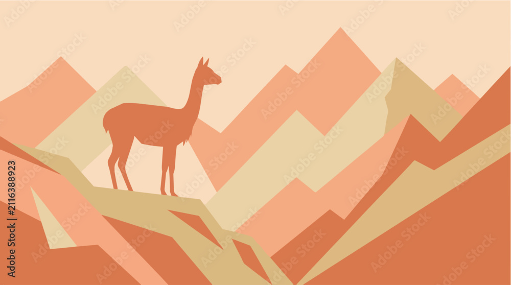 Naklejka premium Minimalist silhouette of a llama standing on a mountain ridge in a flat geometric desert landscape with orange warm tones