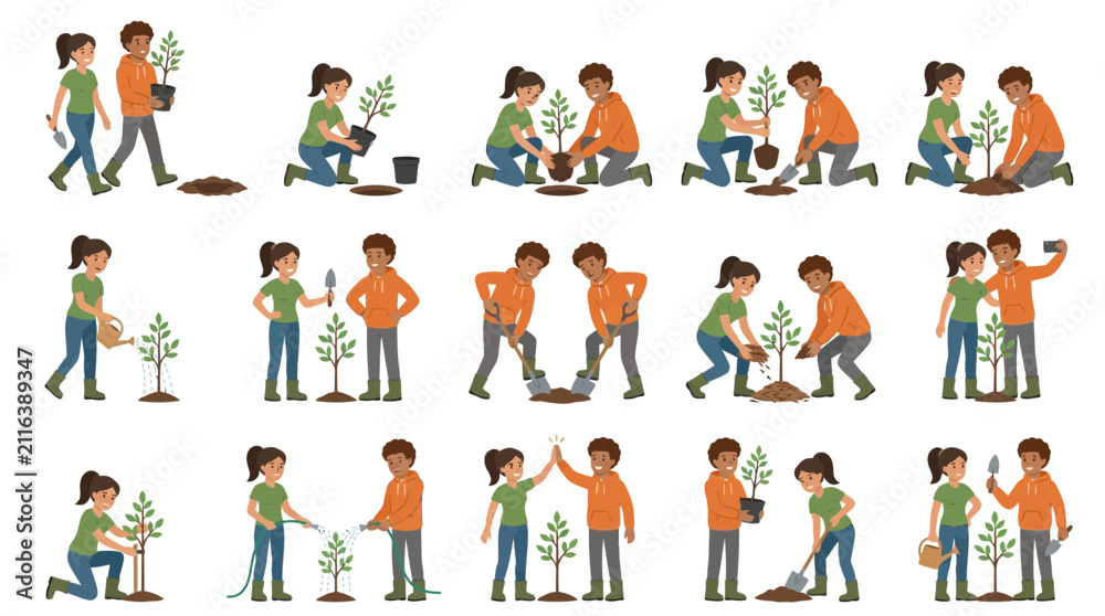 Fototapeta premium Diverse couple planting trees flat vector illustration set