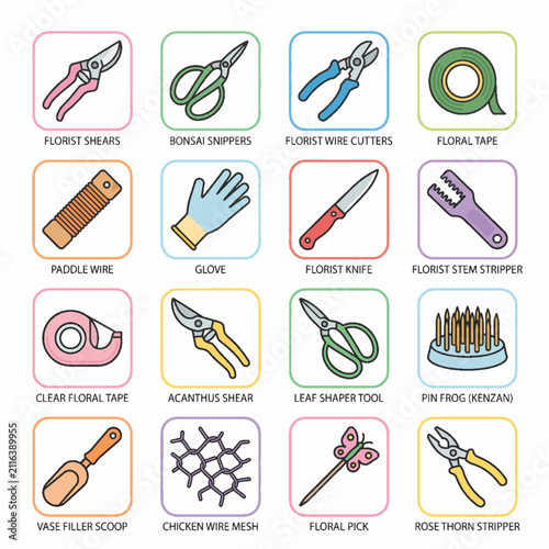 Floral arrangement tools and accessories collection vector icons