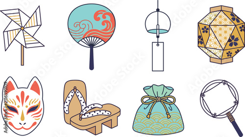 Bild auf Leinwand Japanese Summer Festival Icon Set with Uchiwa Fan Wind Chime Lantern and Kitsune