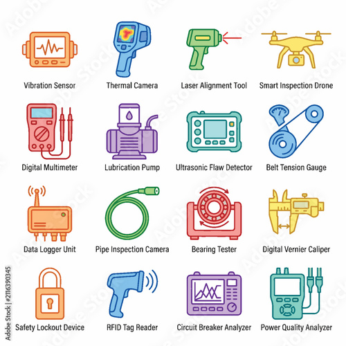 Industrial Inspection Tools and Devices Icon Set Vector Illustration