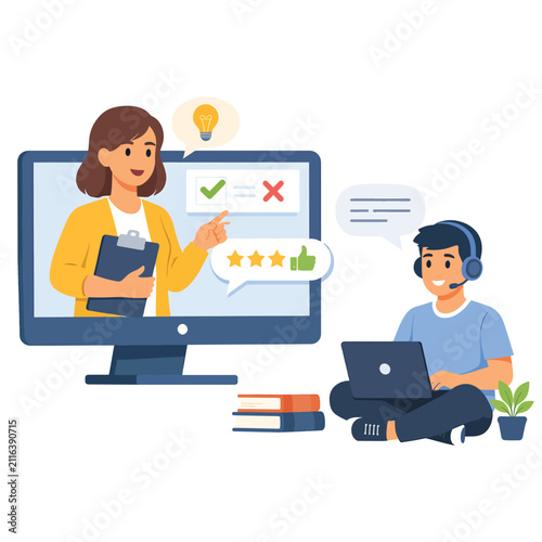 Online learning and e-learning concept with teacher and student on laptop