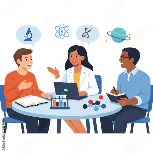 Scientists discussing research at a table with lab equipment and icons