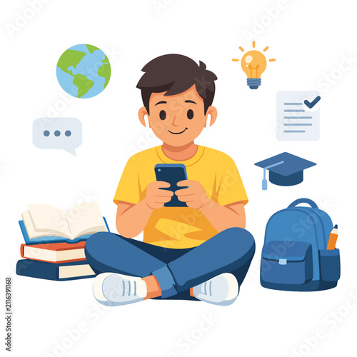 Student studying with smartphone and books, online learning concept