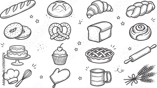 Foto Hand Drawn Bakery and Cooking Icon Collection Vector Featuring Bread, Pastries,