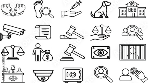 Obraz na płótnie Law Justice Police Investigation and Courtroom Jurisprudence Icon Set with Linea