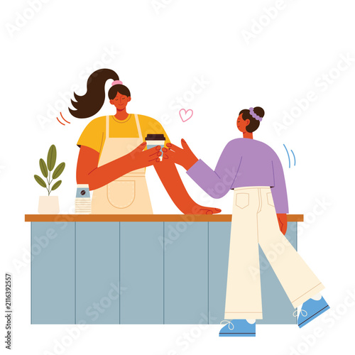 Barista Serving Takeaway Coffee to Customer Flat Vector Illustration