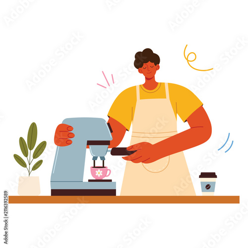 Male Barista Making Espresso Coffee Flat Vector Illustration