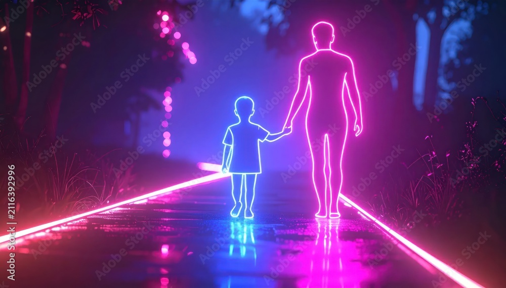 Fototapeta premium Neon Silhouettes of Parent and Child Walking Together in a Futuristic City.