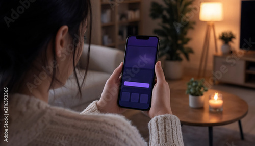 Over-the-shoulder shot of a woman with dark hair holding a smartphone displaying a blank purple interface in a blurred warm living room under soft ambient light