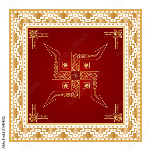Premium Ornamental Hindu Swastik with Traditional Gold Floral Design on Red Background Vector