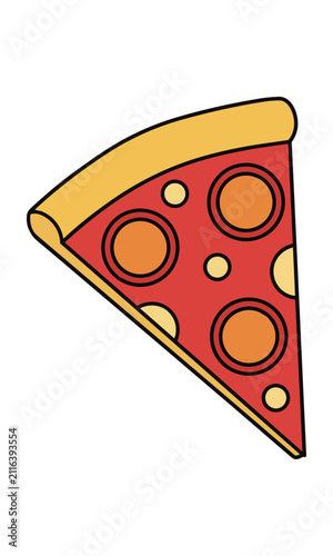 Slice of pepperoni pizza with golden crust and red sauce isolated on a white background, fast food concept