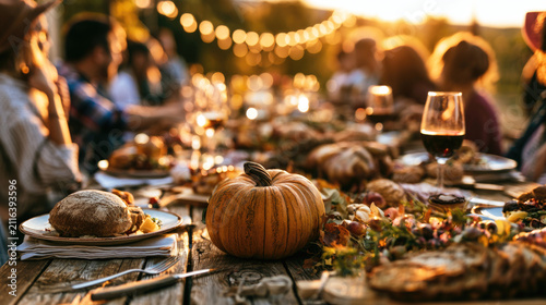 People eat dinner at wooden table with pumpkin centerpiece outside during sunset. Autumn dinner party with friends eating fresh food with bread and wine 