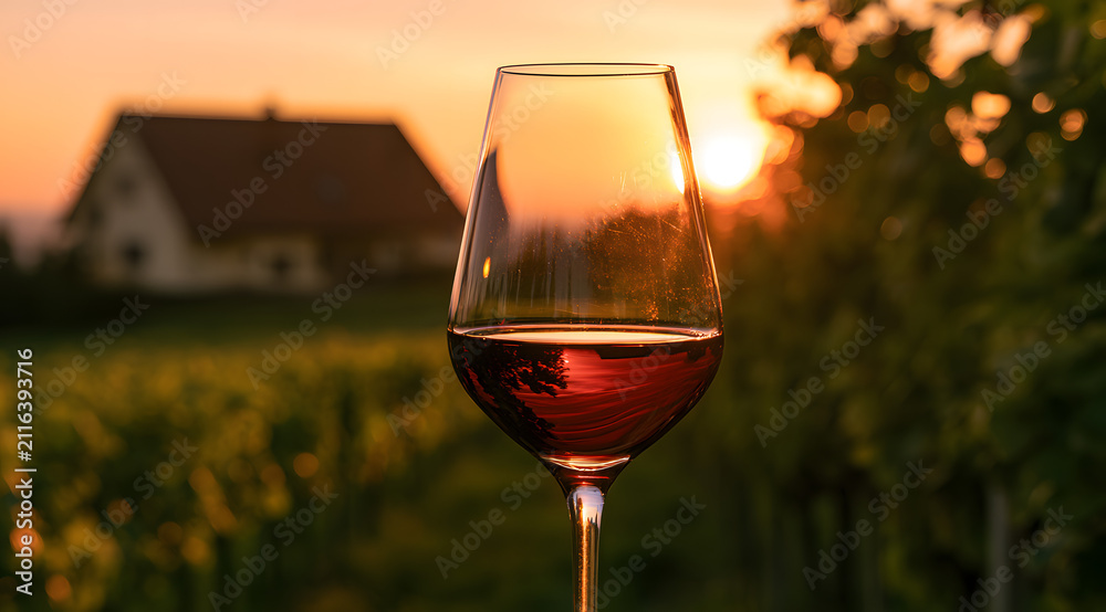 Obraz premium Pinot noir wine goblets from the vineyard swirl in a red hue, with an elegant sunset backdrop. The scene blends rustic charm with a warm glow, creating a serene reflection
