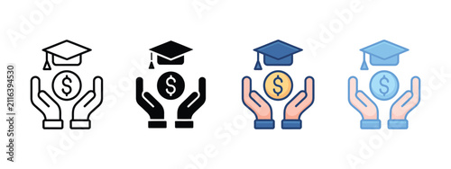 Scholarship icons. Academic funding, graduation award, tuition assistance, education finance and student support vector illustration