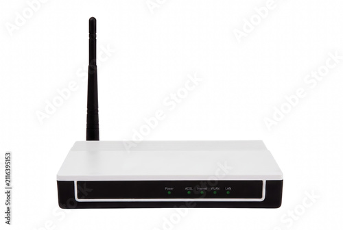 Obraz na plátne White Wireless Modem Router with Single Antenna and Green Indicator Status Light
