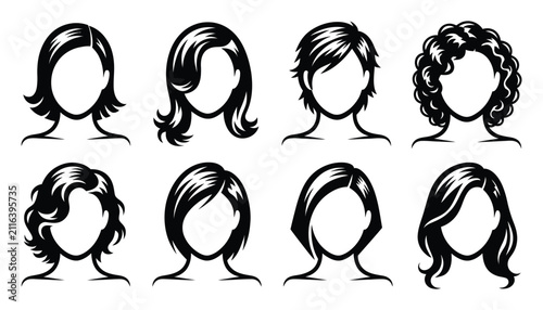 Female face portrait vector silhouette set showing various hair styles
