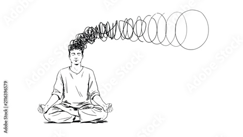Meditation Mental Clarity Line Art Vector – Mindfulness, Stress Relief and Anxiety Recovery Concept Illustration