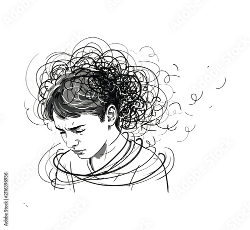Mental Health Anxiety Line Art Vector – Sad Woman with Scribble Mind, Overthinking and Emotional Distress Concept Illustration