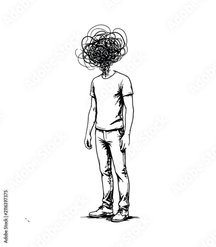 Mental Health Line Art Vector – Faceless Person with Scribble Head, Anxiety and Psychological Distress Concept Illustration