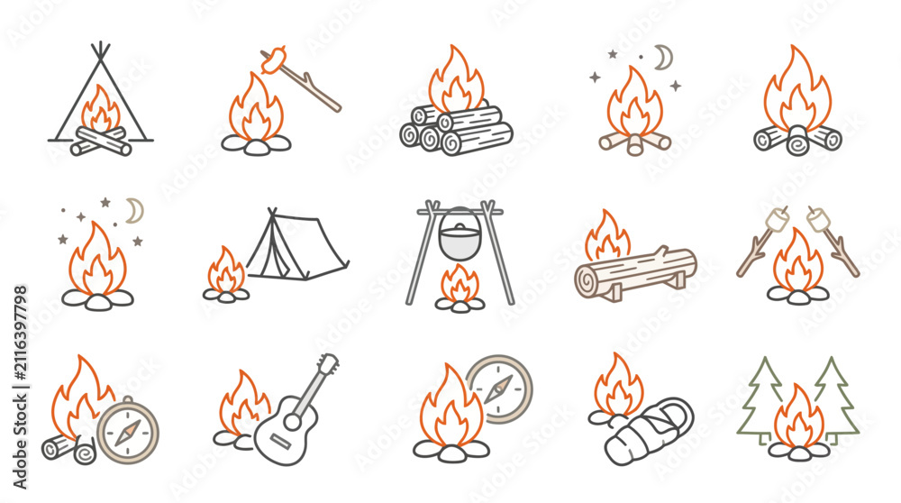Fototapeta premium Industrial Style Minimalist Line Drawing Icons of Campfire Scenes and Camping Essentials in Orange and Gray