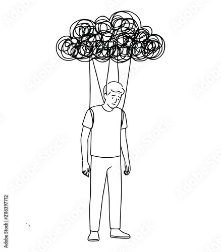Mental Health Burden Line Art Vector – Person Suspended by Scribble Cloud, Anxiety and Depression Concept Illustration