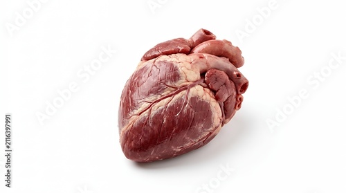 A raw beef heart isolated on a white background showcasing the anatomy and texture of the organ meat Beef heart Raw on white heart beef meat organ meat raw uncooked fresh protein food cuisine cooking
