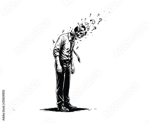 Mental Burnout Line Art Vector – Stressed Businessman with Dissolving Mind and Question Marks Concept Illustration
