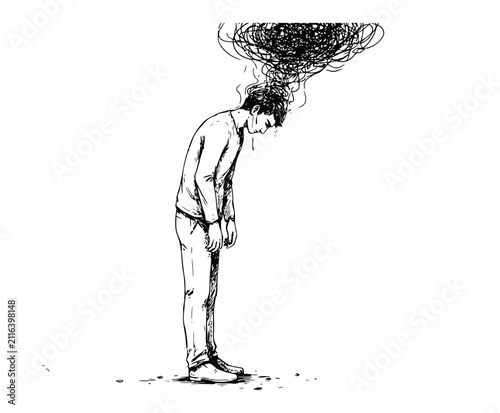 Mental Burnout Line Art Vector – Exhausted Person with Scribble Cloud, Stress and Anxiety Concept Illustration