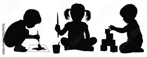 Children Creative Art black silhouettes showing kids drawing painting building blocks and creative learning activities vector illustration