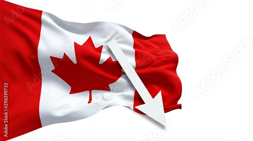 White arrow pointing downward on background of waving Canadian flag representing decline decrease or negative trend in relation to Canada for statistical or conceptual use white arrow fall down