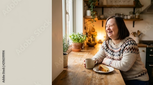 Person with Down Syndrome enjoying warm beverage and cake in cozy home kitchen setting representing inclusivity happiness everyday life and simple pleasures Downs Syndrome Enjoying Tea And Cake In