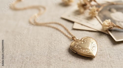 Beautiful gold locket on delicate chain with shallow depth of field focusing on locket representing precious memories sentimental value and timeless jewelry elegance gold locket on chain Shallow