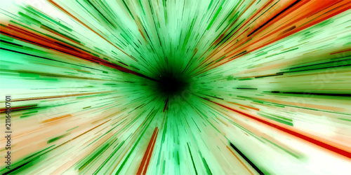 Warp Speed Abstract Dynamic abstract digital art portrays a vortex of vibrant green and orange light streaks, conveying a sense of immense speed and technological advancement.