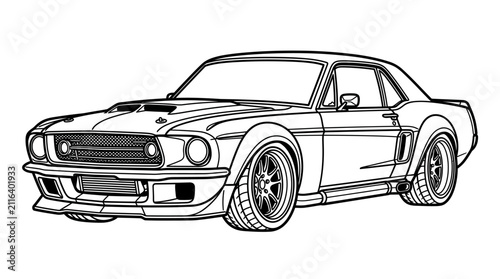 Classic American Muscle Car Line Art Illustration.