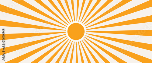 Yellow orange boho sun burst background. Groovy summer wavy ray wallpaper. Retro radial sunshine beam backdrop. Abstract circle sun patten for creative poster, vibrant banner, trendy flyer. Vector
